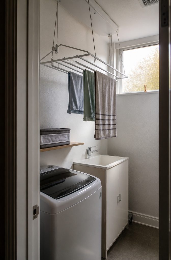 Laundry area with a ceiling-mounted drying rack folded overhead