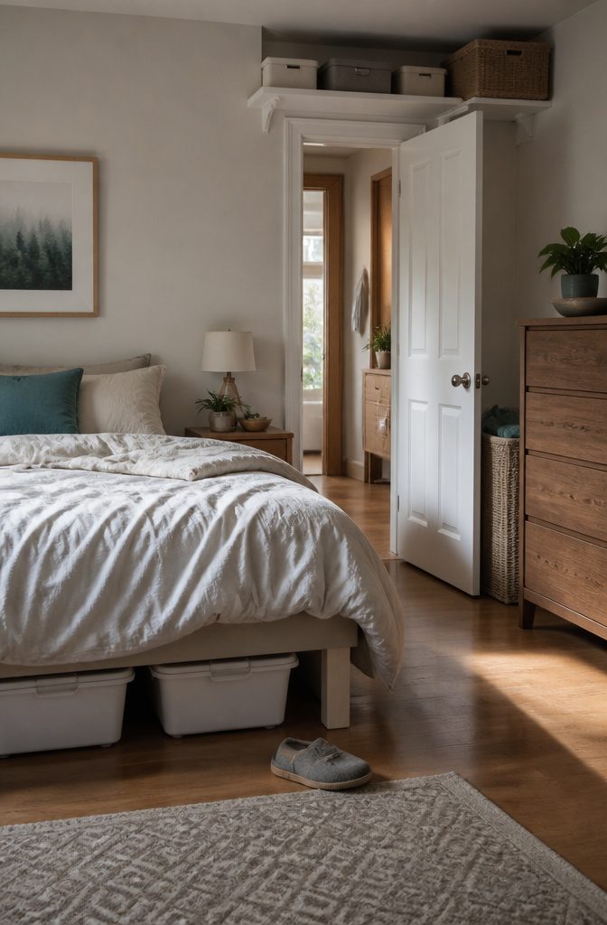 Bedroom with under-bed bins a shelf above the door and a narrow basket