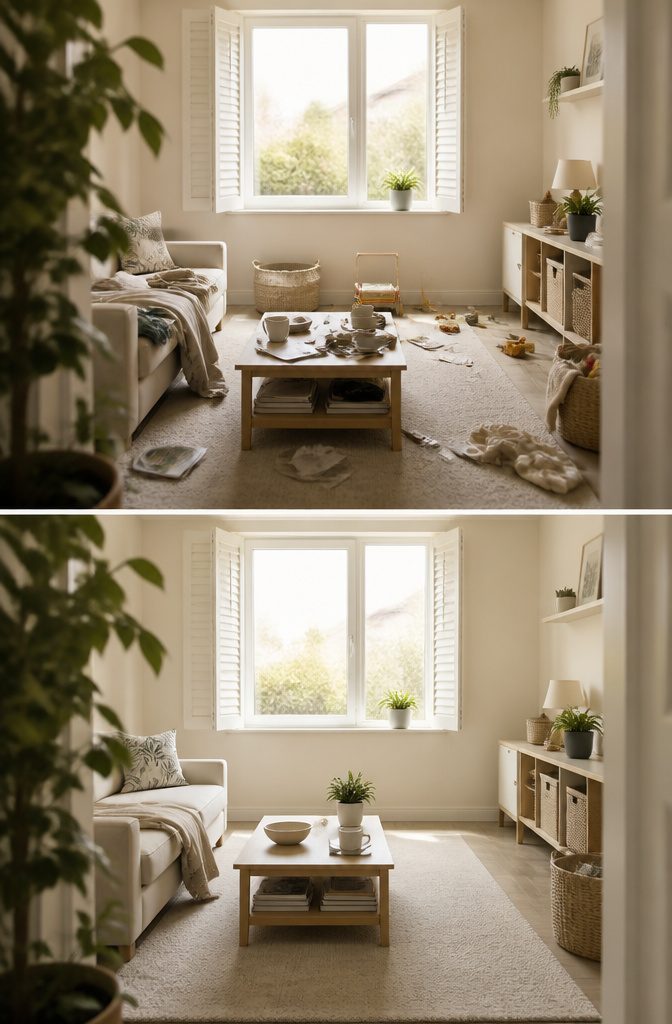 Small room with light decor and an uncluttered sunlit window