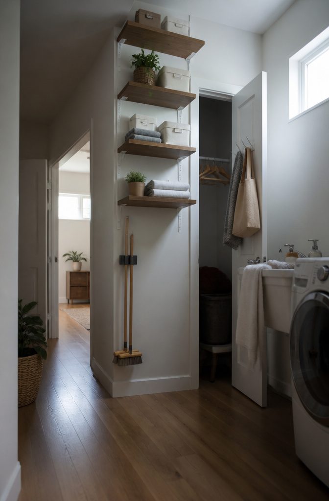 Small home interior with shelves and storage mounted on walls