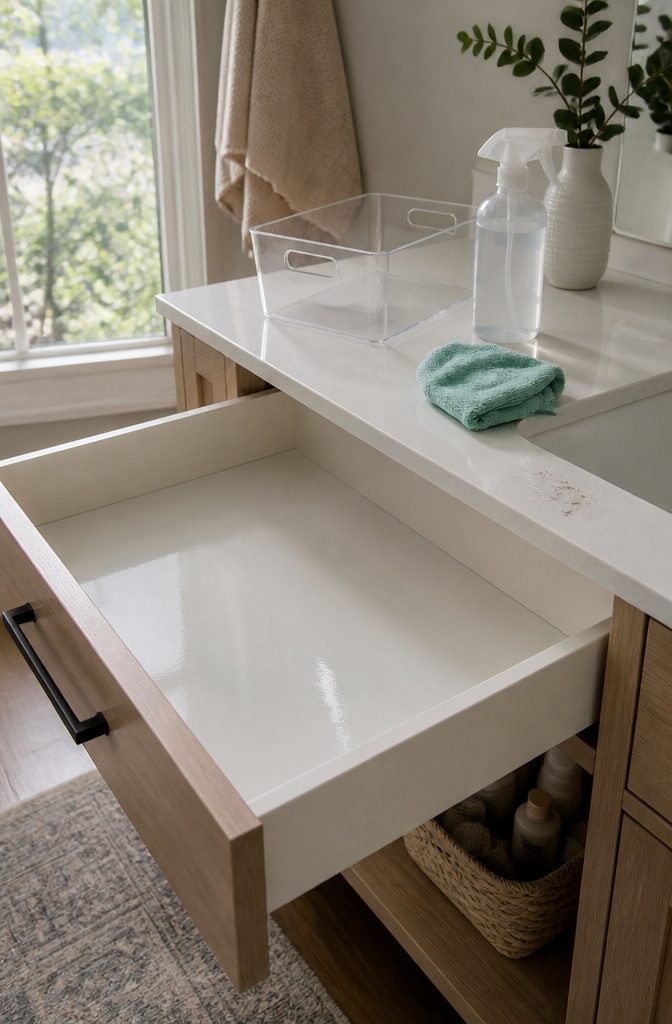 How to Organize a Vanity in 6 Steps 3 Clean vanity drawer with damp sheen cloth spray bottle and clear bin