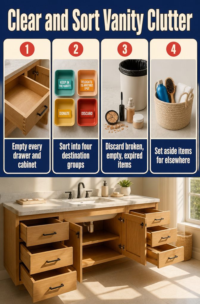 How to Organize a Vanity in 6 Steps 2 Vanity clutter information graphic titled Clear and Sort Vanity Clutter
