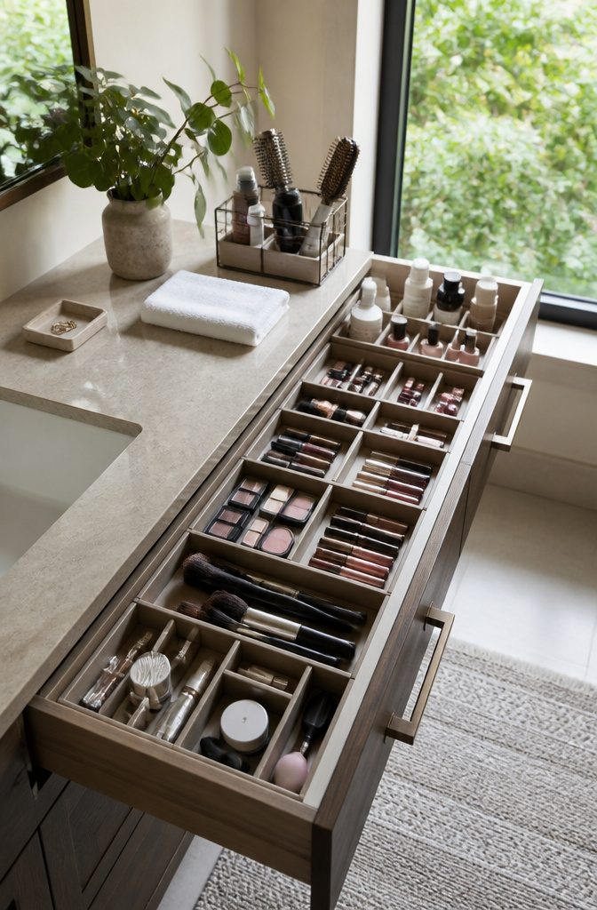 How to Organize a Vanity in 6 Steps 5 Open vanity drawers with cosmetics brushes skincare and oral care in sections