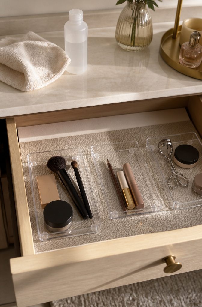 How to Organize a Vanity in 6 Steps 7 Vanity drawer with removable contact paper clear trays and transparent bumpers