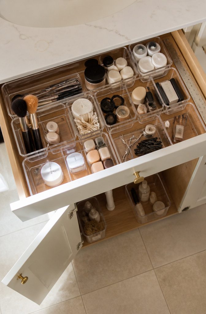 How to Organize a Vanity in 6 Steps 4 Vanity drawer prepared for organizers with storage items nearby