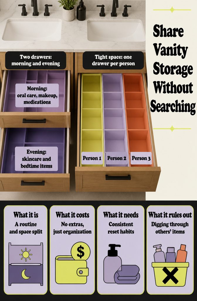 How to Organize a Vanity in 6 Steps 8 Vanity storage information graphic titled Share Vanity Storage Without Searching