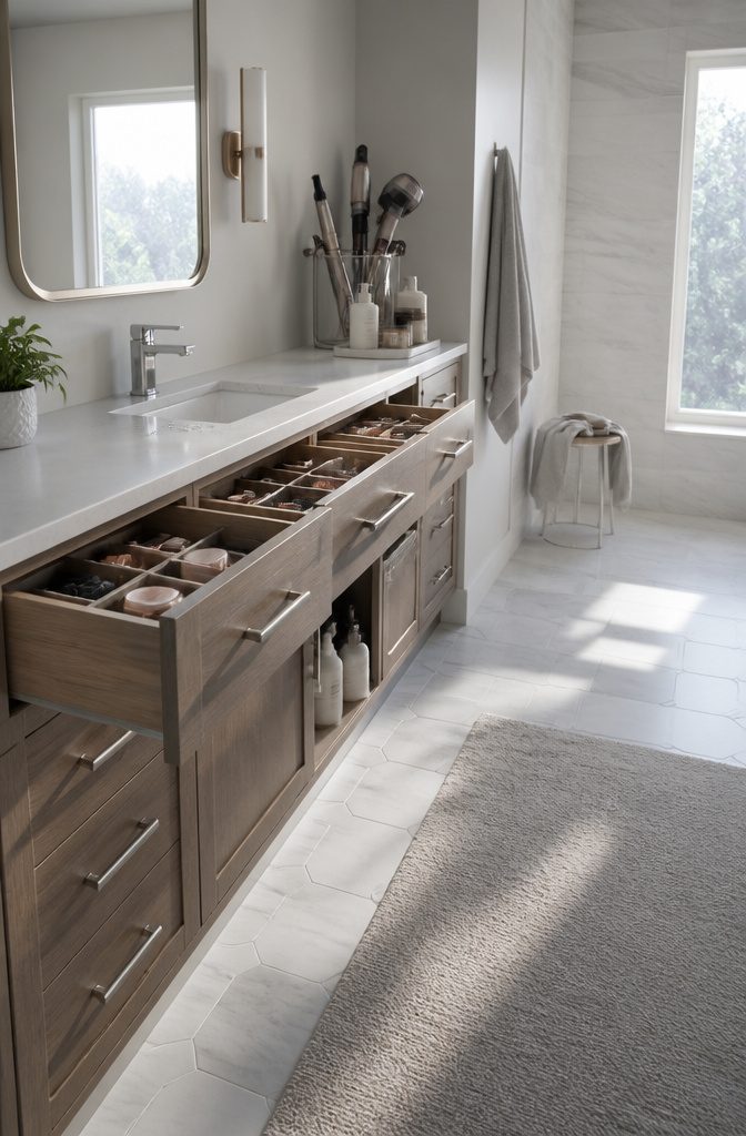 How to Organize a Vanity in 6 Steps 6 Vanity with top drawers holding daily products and countertop organizer