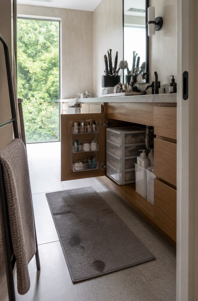 How to Organize a Vanity in 6 Steps 9 Bathroom vanity with styling tool holder cabinet baskets and under-sink drawers