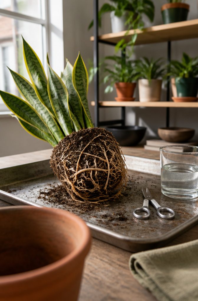 Pale tan snake plant roots with old soil beside sterilized scissors and rubbing alcohol