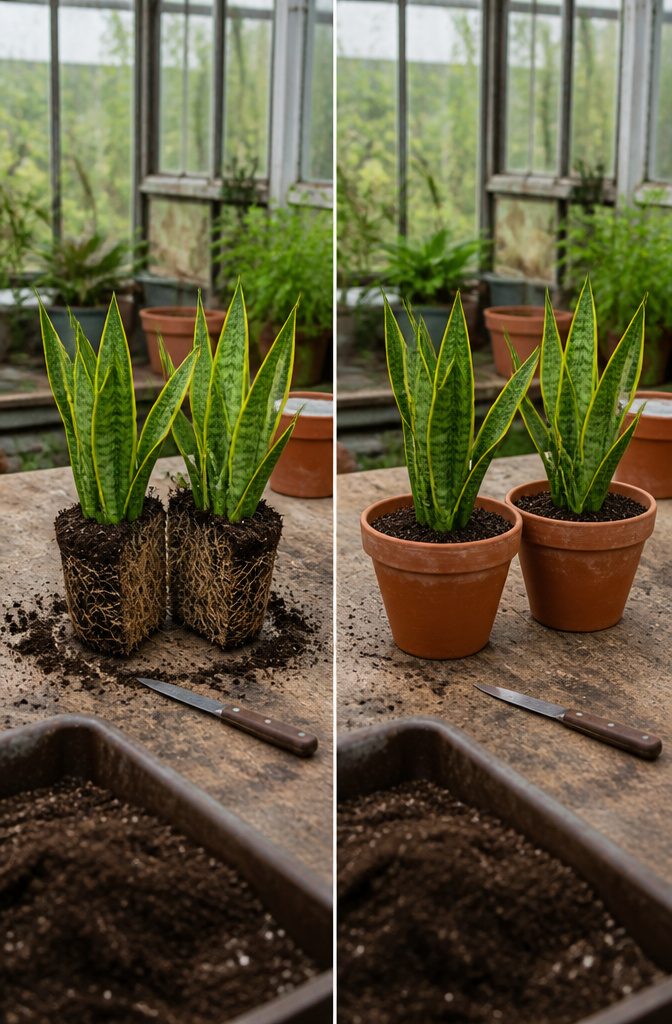 Snake plant root ball being divided with a sharp knife