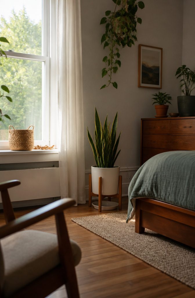 Potted snake plant near a bright window with indirect light on its leaves