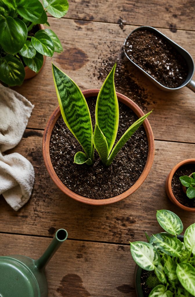 Snake plant positioned in a new pot as fresh soil is added around its roots