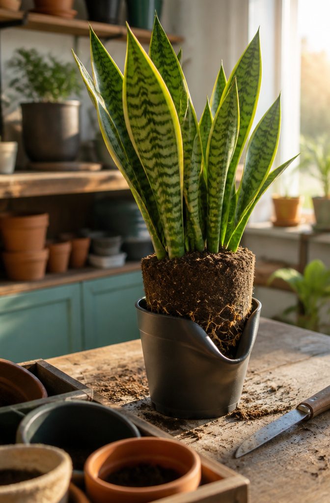Hands holding a snake plant at its base while easing it from its pot
