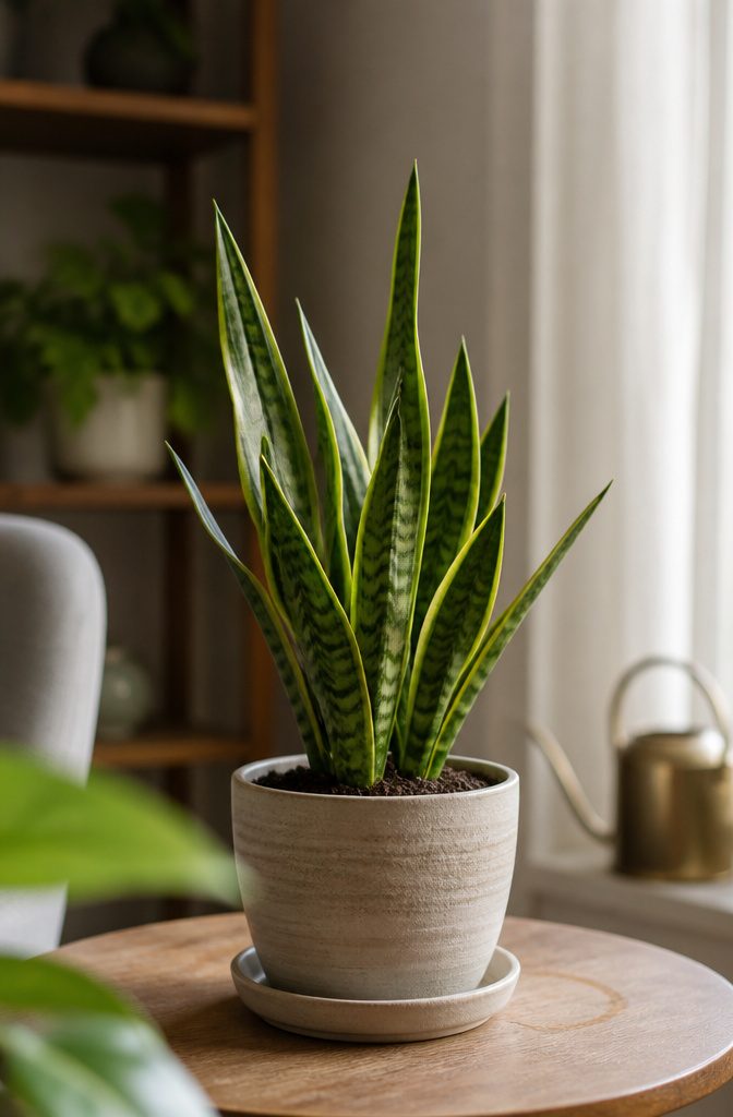 Freshly repotted snake plant in a pot beside a watering can