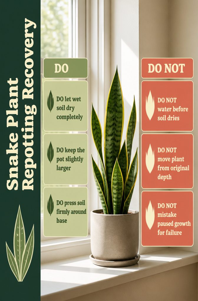 Snake plant recovery guide with symptoms including drooping and yellow leaves
