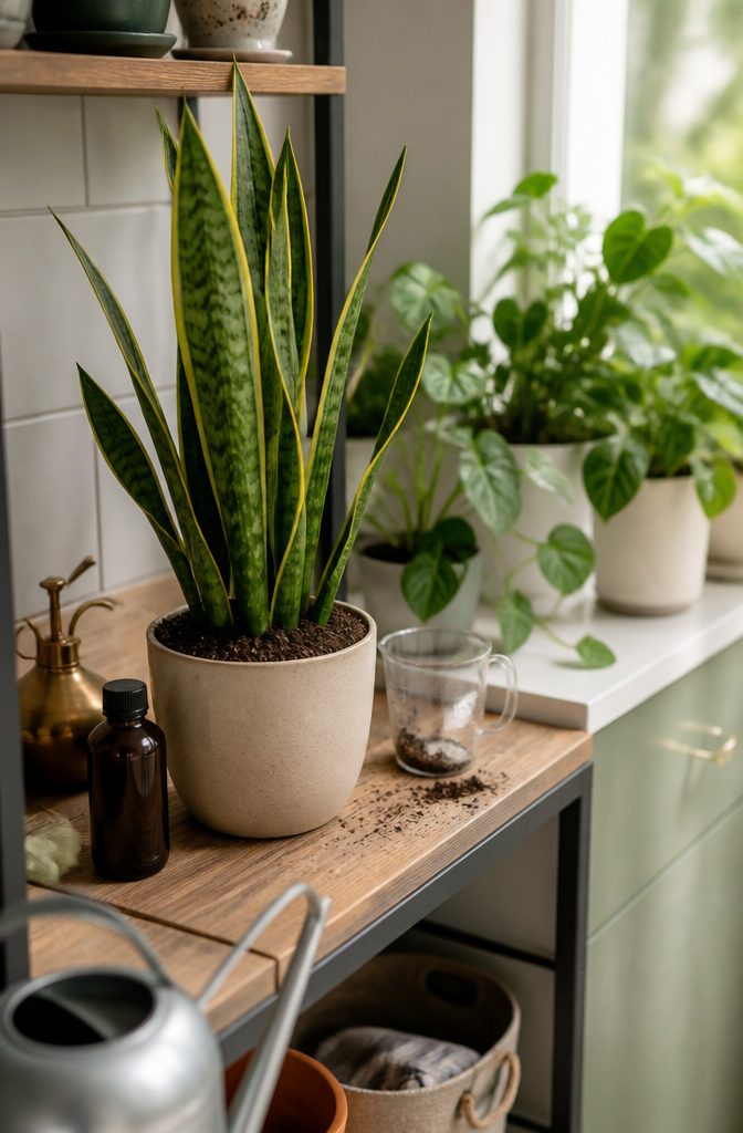 Upright snake plant beside a plain fertilizer bottle and compost-topped soil