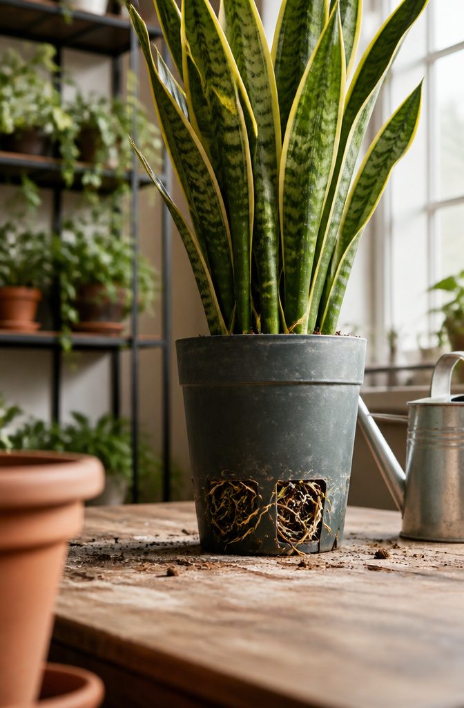 Snake plant with crowded leaves and pale roots emerging from drainage holes in a bulging pot