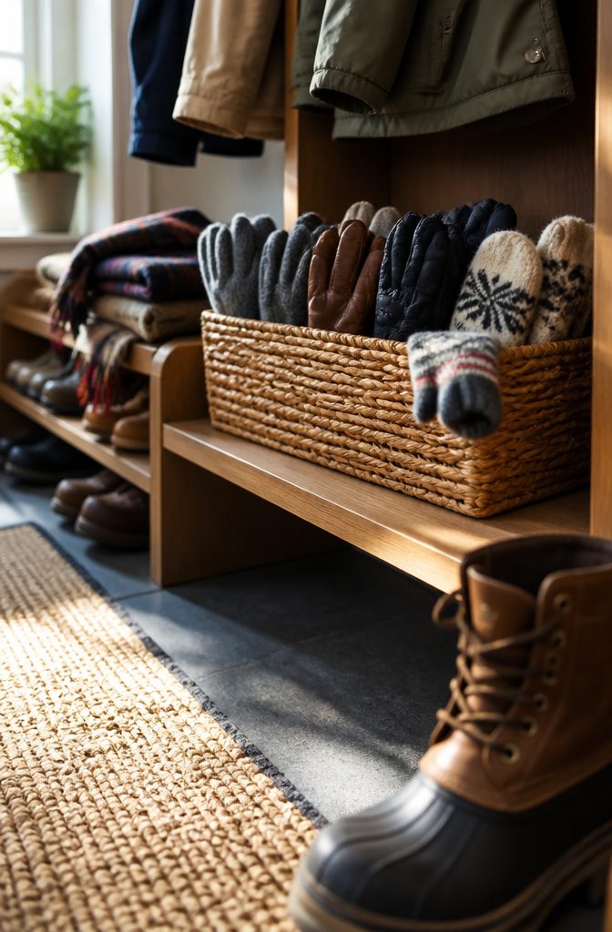How to Store Gloves: 7 Ways to Keep Them Organized 9 Woven basket of upright gloves on a mudroom shelf beside boots and scarves