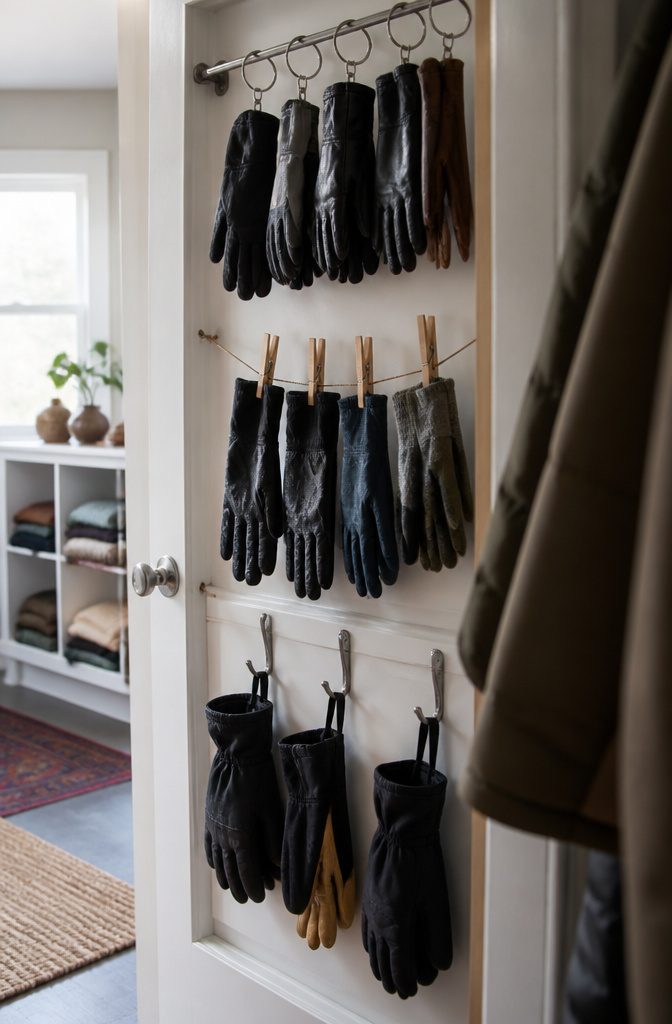 How to Store Gloves: 7 Ways to Keep Them Organized 4 Gloves clipped to rings on a closet rod beside clothespins and wall hooks