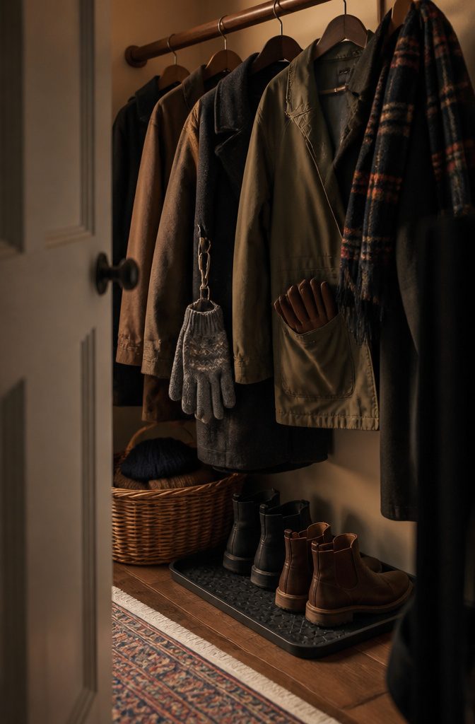 How to Store Gloves: 7 Ways to Keep Them Organized 5 Winter gloves clipped to a wool coat beside driving gloves in a spring jacket pocket