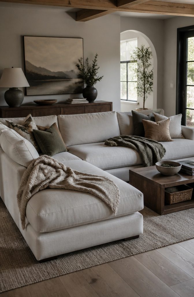 Sectional with mixed-size pillows and a knitted throw draped over one arm