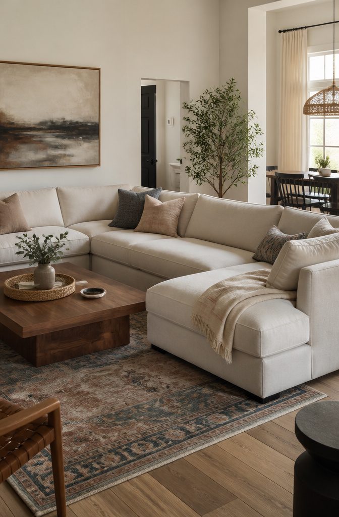 Sectional with its front legs resting on a large area rug
