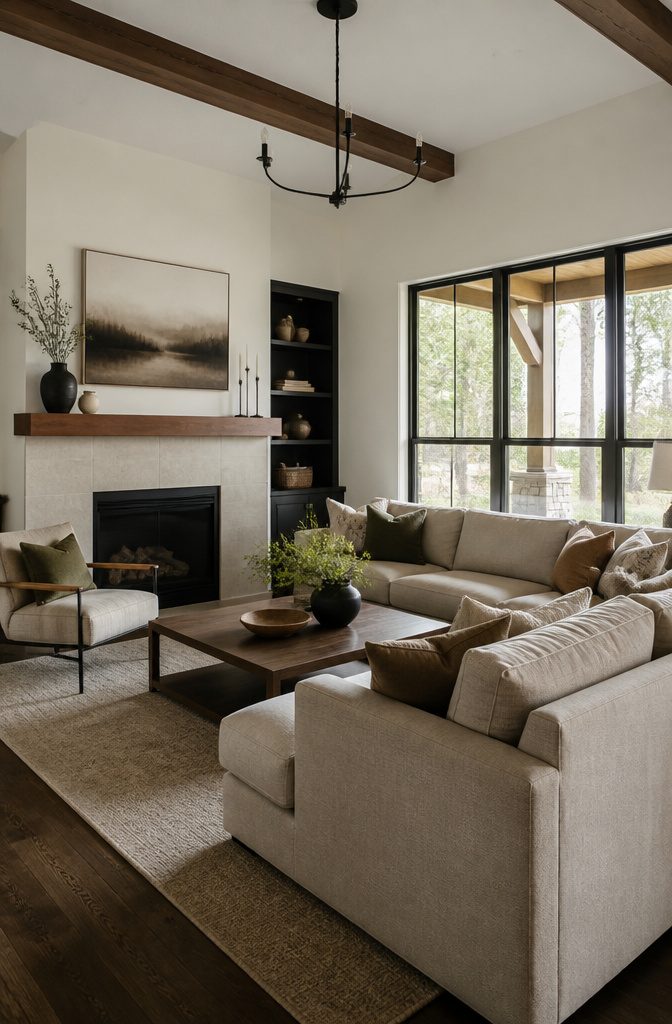 Sectional arranged beside a fireplace with its long edge facing across the room