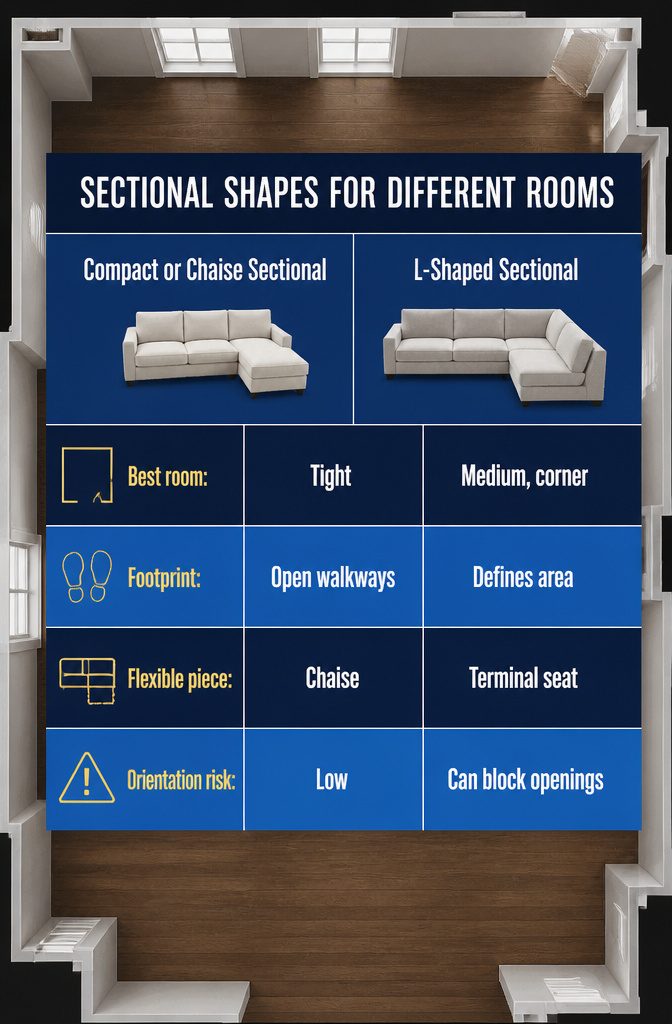 Diagram comparing compact chaise L-shaped and U-shaped sectional layouts