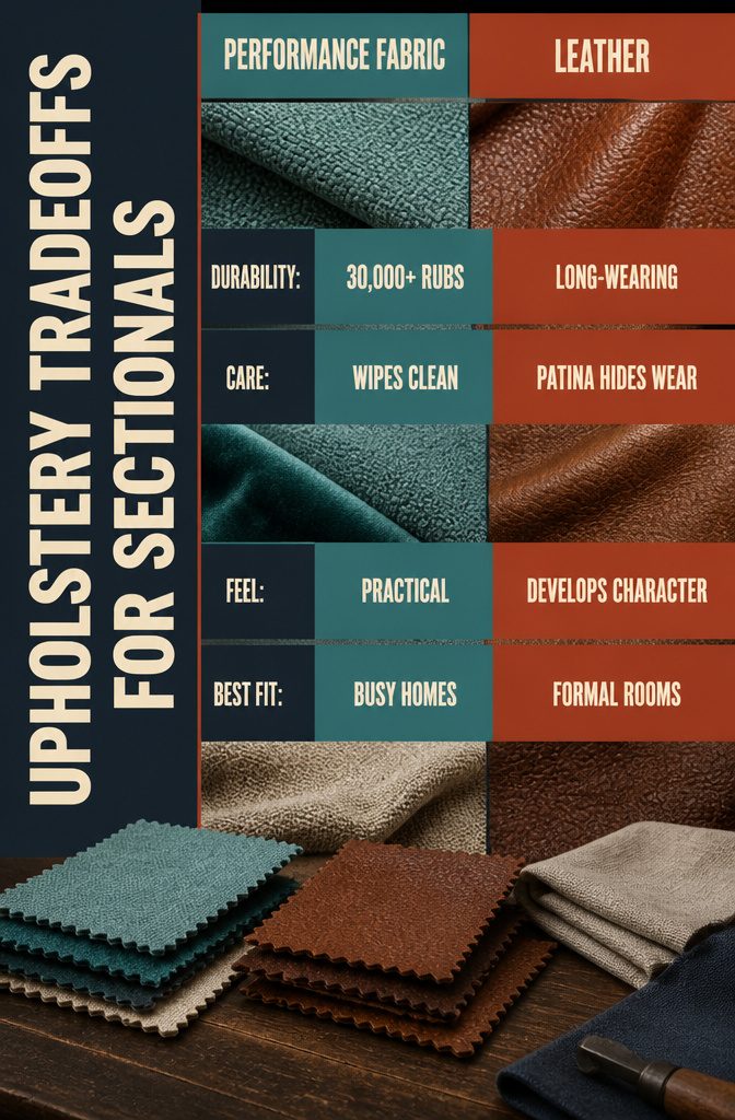 Upholstery comparison showing performance fabric leather velvet and linen swatches