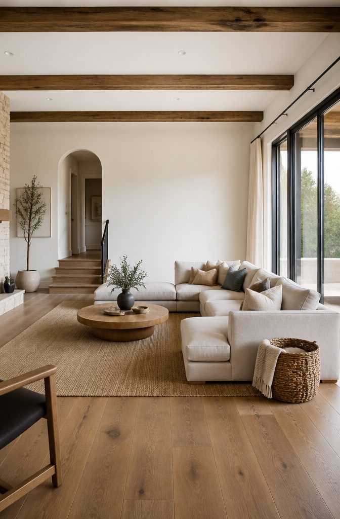 Sectional with a coffee table one side table and minimal wall art