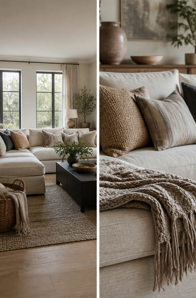 Sectional styled with textured cushions a throw and a woven rug
