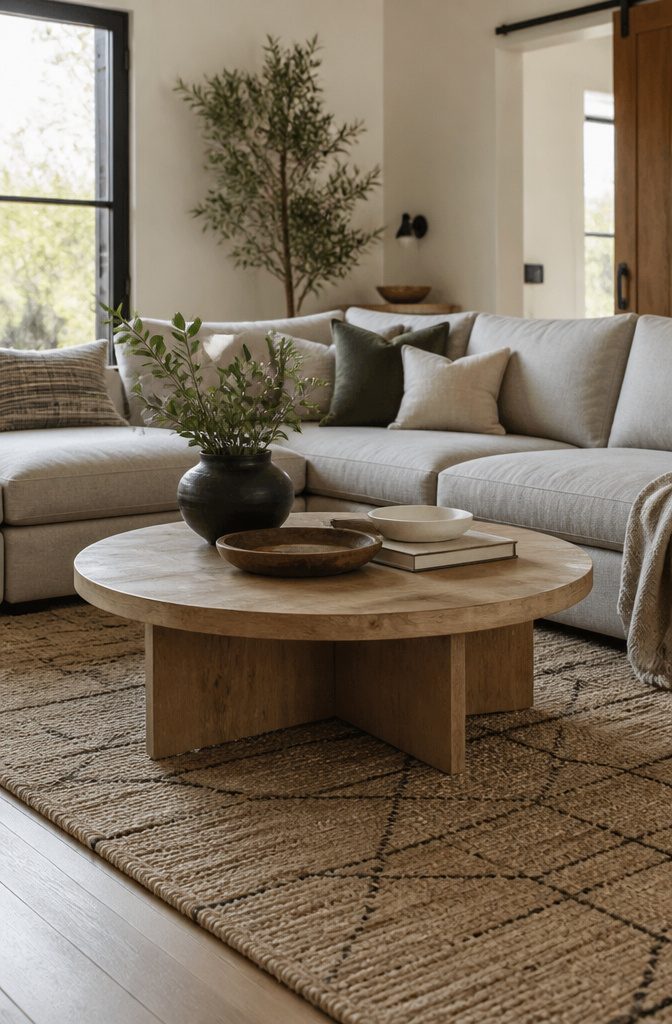 Round coffee table positioned inside an L-shaped sectional