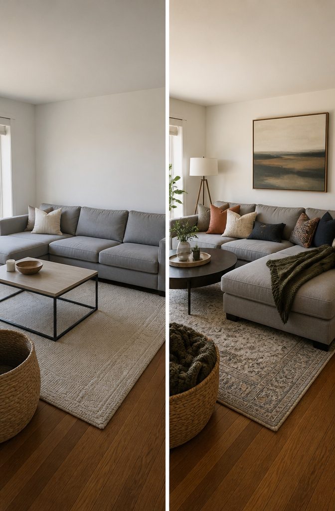 Gray sectional in a living room with beige and warm white accents