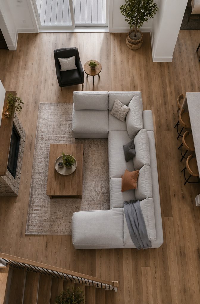 Sectional placed in a living room corner with an open walkway