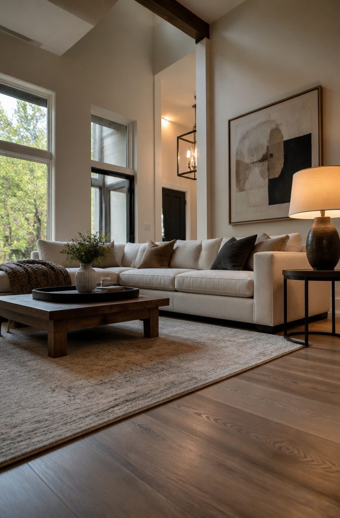 Sectional beside a floor lamp and a window with daylight