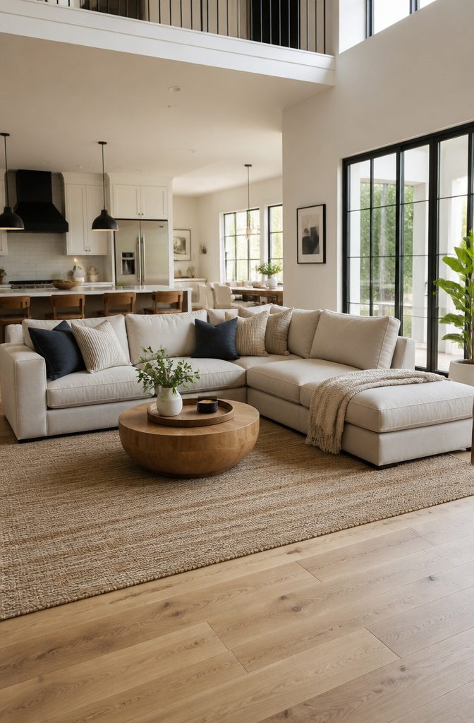 Floating sectional with a narrow console and lamps behind it