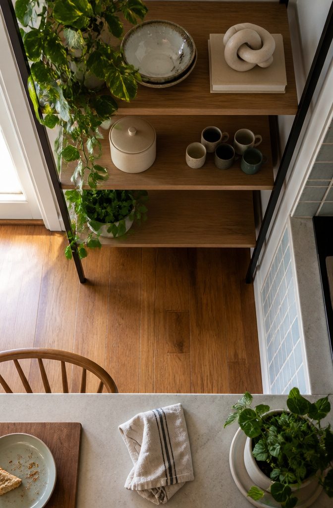 How to Style a Shelf in 8 Steps 8 Shelf with trailing pothos a favorite bowl cookbooks and ceramic canister