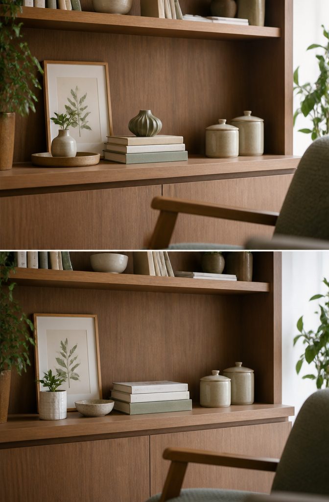 How to Style a Shelf in 8 Steps 6 Shelf with a small vase on a tray beside books and decorative objects