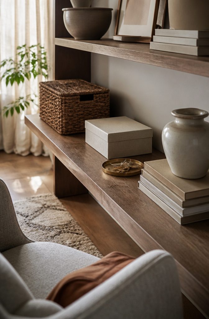 How to Style a Shelf in 8 Steps 4 Shelf with a woven basket lidded box tray cookbooks and cream ceramic vessel