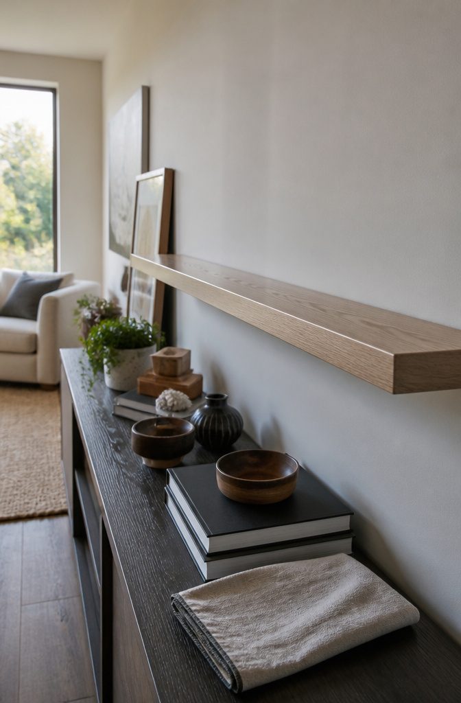 How to Style a Shelf in 8 Steps 2 Bare painted wood floating shelf with a faint wipe mark and dust cloth