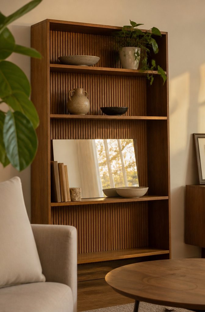 How to Style a Shelf in 8 Steps 12 Shelf mirror reflecting a curtain and branches behind books a ceramic vessel and bowl