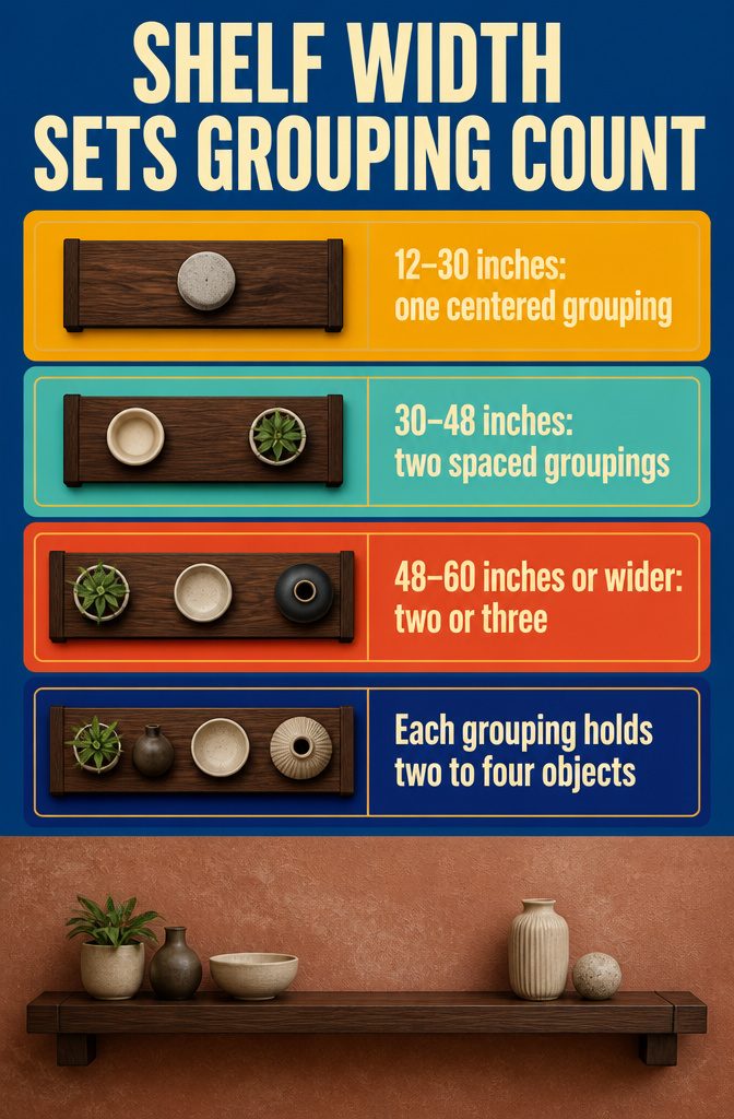 How to Style a Shelf in 8 Steps 3 Shelf width diagram showing grouping counts across several width ranges