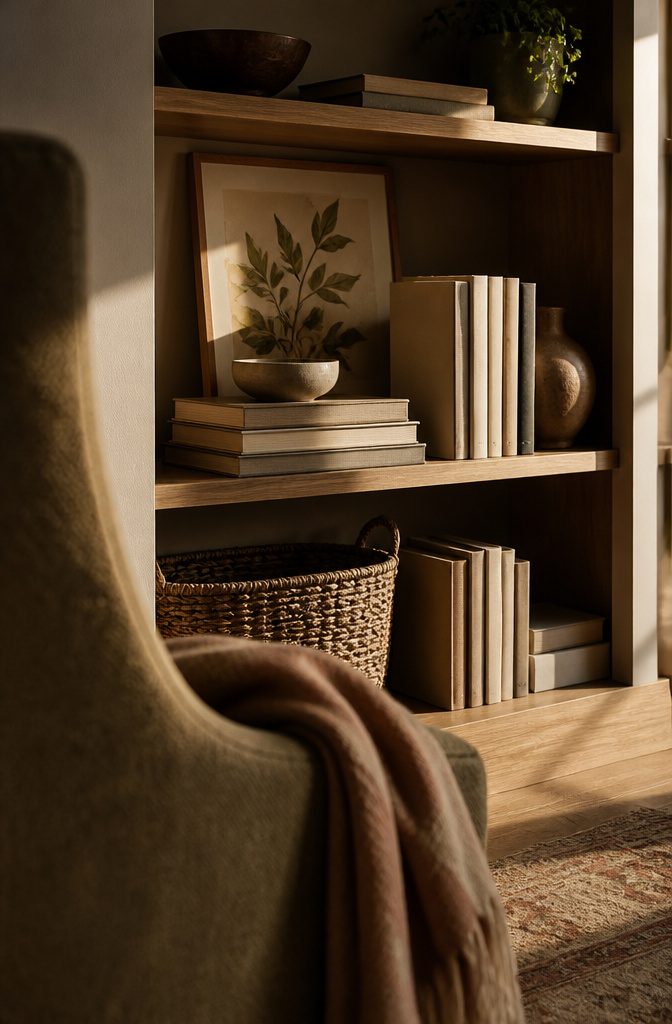 How to Style a Shelf in 8 Steps 5 Shelf grouping with stacked books upright books and a framed print