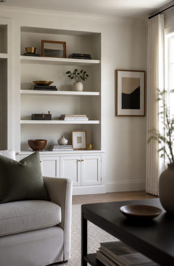 How to Style a Shelf in 8 Steps 7 Shelves with brass accents and repeated book stacks arranged diagonally