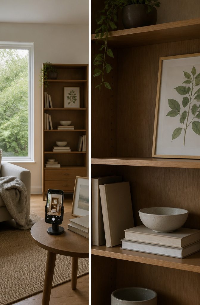 How to Style a Shelf in 8 Steps 9 Phone camera framing a shelf arrangement with books frames and decor