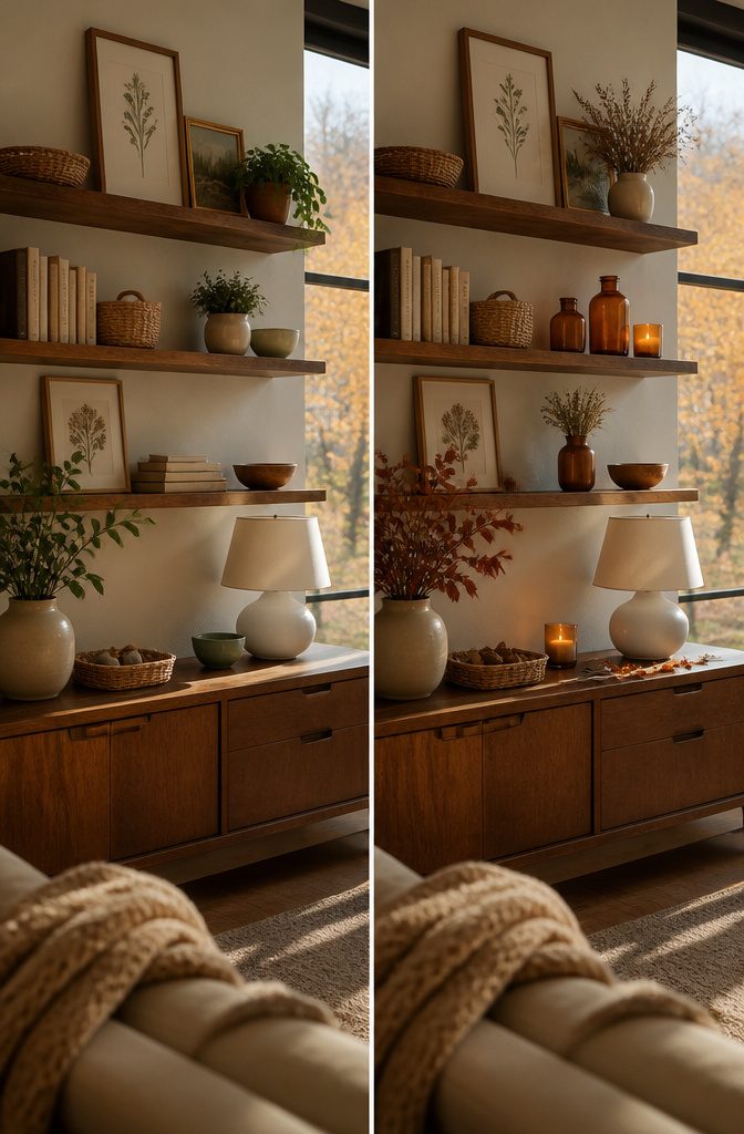 How to Style a Shelf in 8 Steps 13 Shelf with amber glass dried grasses and warm candles