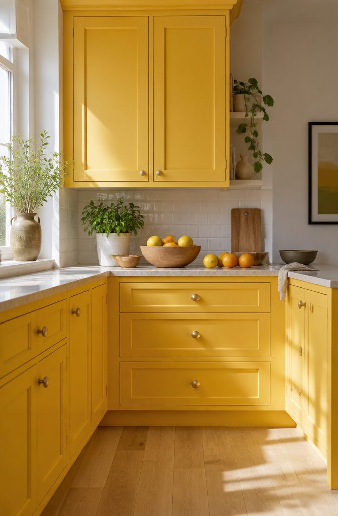 20 Kitchen Cupboard Ideas to Refresh Your Space in 2026 2 Kitchen with bright yellow cabinets and pastel accents.