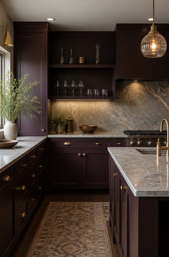 20 Kitchen Cupboard Ideas to Refresh Your Space in 2026 8 Kitchen with deep aubergine cabinets and marble countertops.