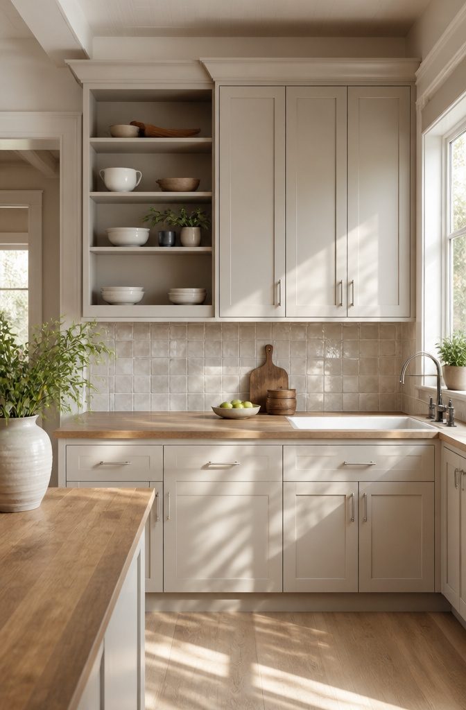 20 Kitchen Cupboard Ideas to Refresh Your Space in 2026 5 Kitchen with cabinets featuring a hazy finish and natural light.