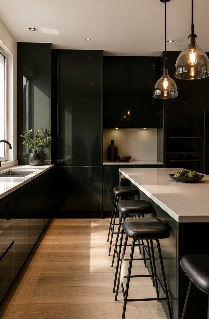20 Kitchen Cupboard Ideas to Refresh Your Space in 2026 6 Kitchen with high-gloss painted cabinets in deep green-black.